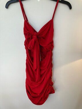 Worn Red Rouched Dress Size S, Adjustable Straps, Form Fitting